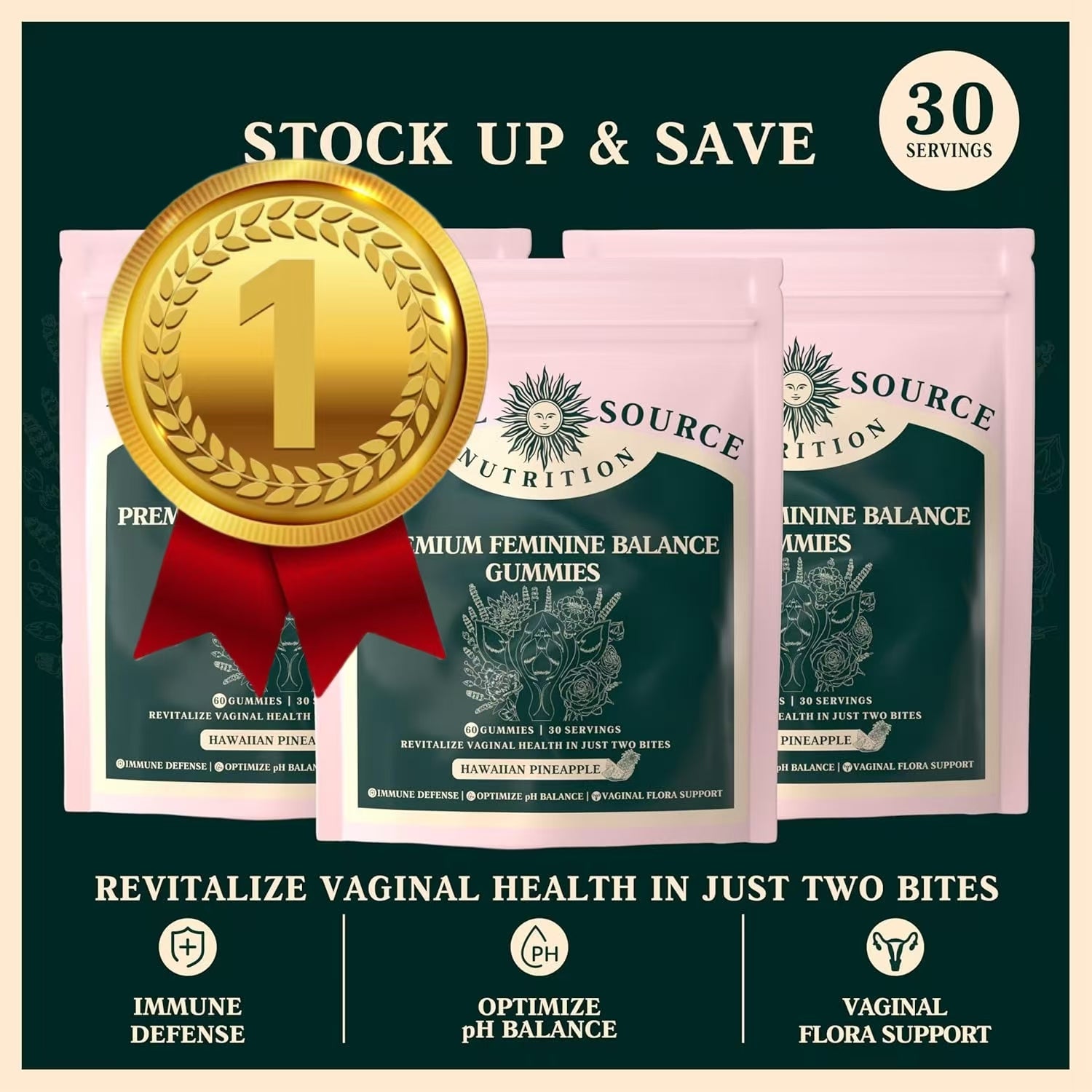 Vital Source Nutrition - Premium Feminine Balance Gummies - for Women’s Health & Wellness - Immune Support - Vegan, Gluten-Free & Halal - Hawaiian Pineapple - 60 Gummies - 30 Servings