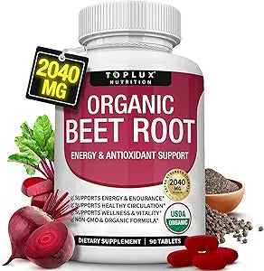 TopLux Organic Beet Root 2040mg – 90 Tablets – Energy, Circulation & Antioxidant