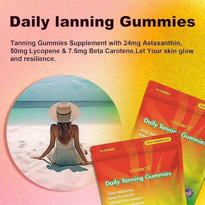 Daily Tanning Gummies for Adults Woman & Mens - 60 Sour Watermelon Flavor Gummies with Astaxanthin, Lycopene, and Beta Carotene for Support Skin Health