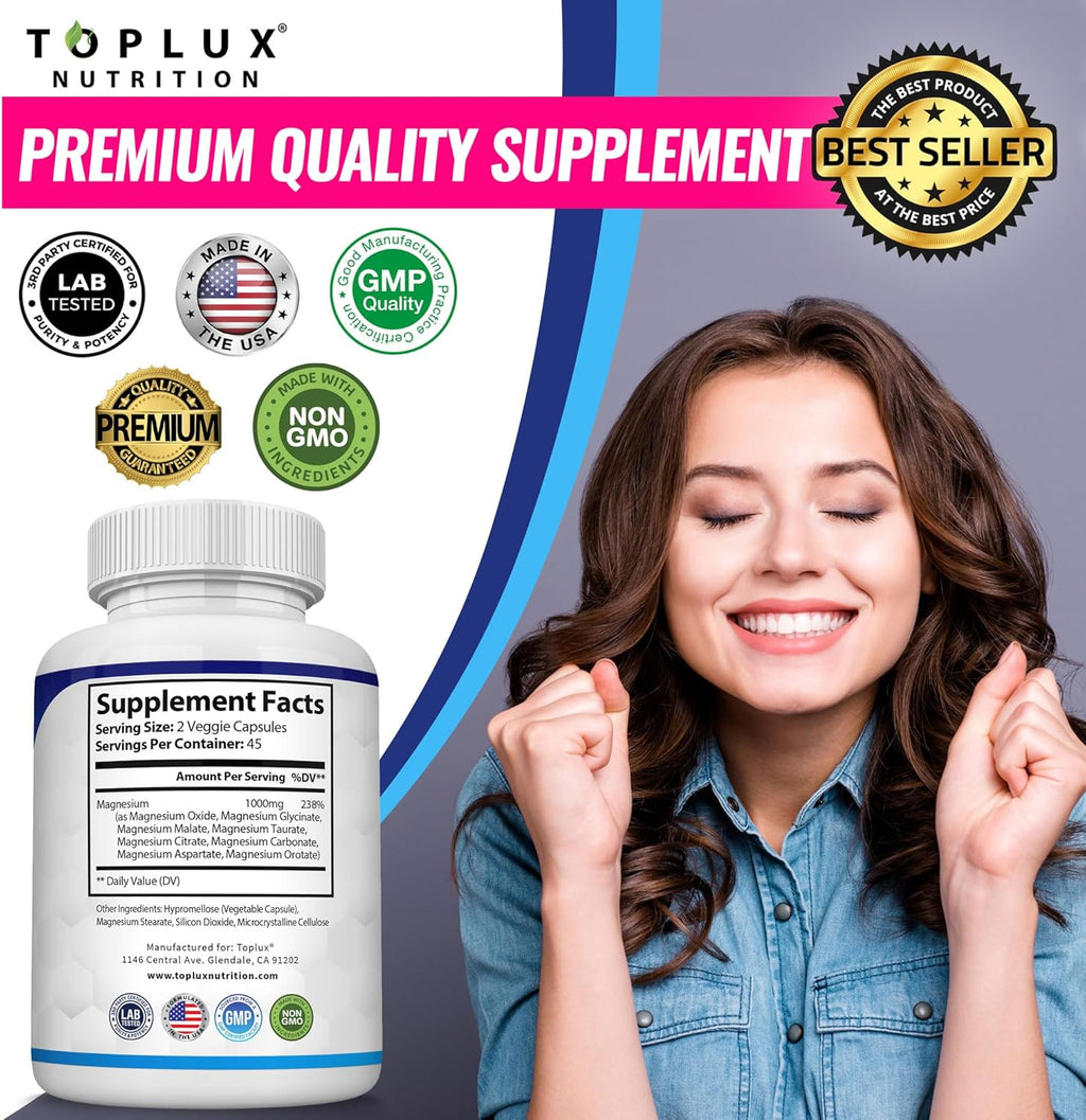 Magnesium Complex Supplement 8 Elemental 1000mg - Magnesium Glycinate, Citrate, Malate, Taurate, Chelated for Easy Absorption for Bones, Muscle, Recovery, Energy, Vegan Non-GMO 90 Capsules